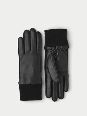 Hestra Black Leather Gloves with Knit Cuff